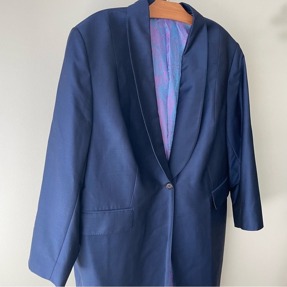 Luxury Italian Longline Sports Coat Blazer Suit Jacket Long Blue Unisex - Picture 5 of 15